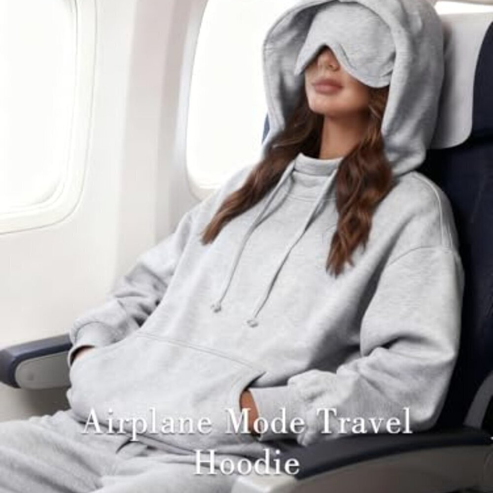 Oversized Fleece Hoodie with Built-in Eye Mask Travel Sleep Pullover Unisex - Picture 4 of 8